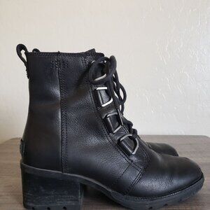 Sorel Cate Waterproof Leather Lace-Up Block Heel Ankle Boots Black 7 Biker Moto